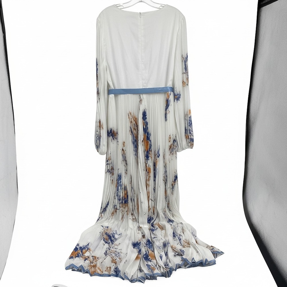Fehaute White Blue Maxi Dress | Polyester, Pleated Marble Pattern, Size 10